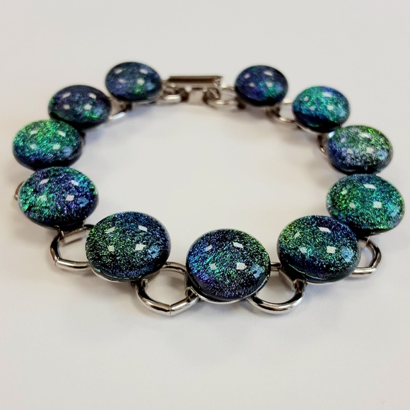 7" Green & Blue Dichroic Fused Glass Bracelet - Picture 3 of 3